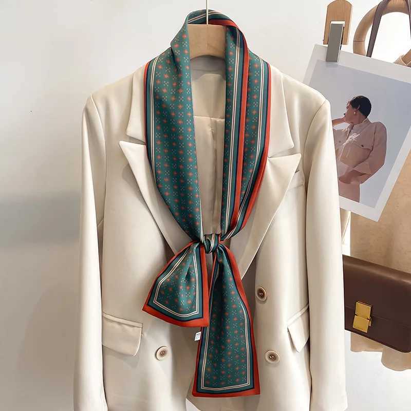 Green small silk scarf for women Korean small scarf long spring autumn summer thin style fashionable shirt thin and narrow strip Z260330