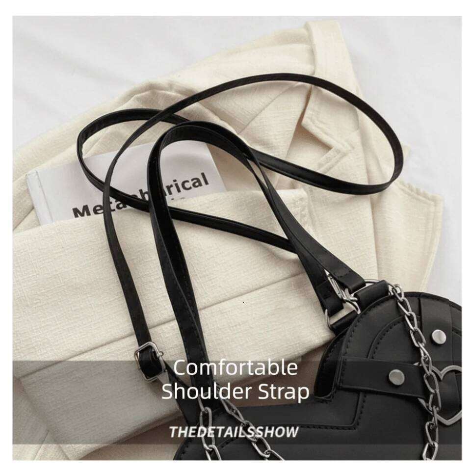 Y K PU Leather Black Shoulder Chain Rivet Large Capacity Gothic Tote Portable Heart Shaped Women Crossbody Bag Girls Liksusie