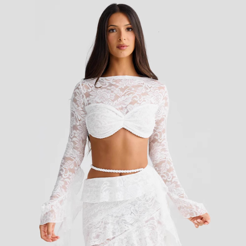 Sexy Lace Hollow Out Skirt Set Women Square Collar Ribbon Crop Top A-line Mini Split Skirt Female Sets Summer Lady Suit 250614