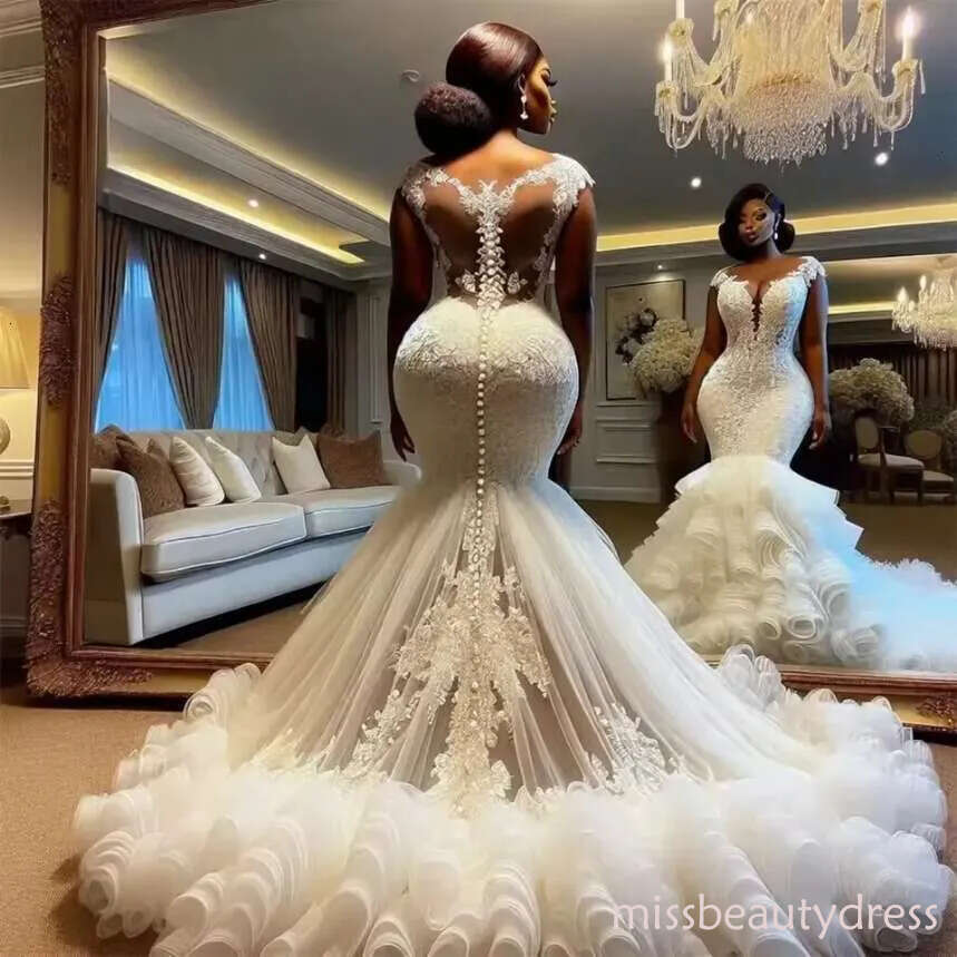 Gorgeous Beaded Wedding Dresses Lace Appliques Aso Ebi Ruffles Mermaid Formal Gown Bridal Dress vestido de novia Customized ZD10