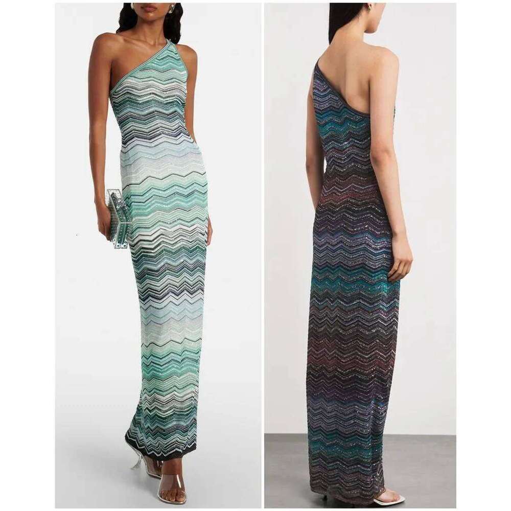 Women One Shoulder Zigzag Metallic Sleeveless Slim Long Dress Mdng260330