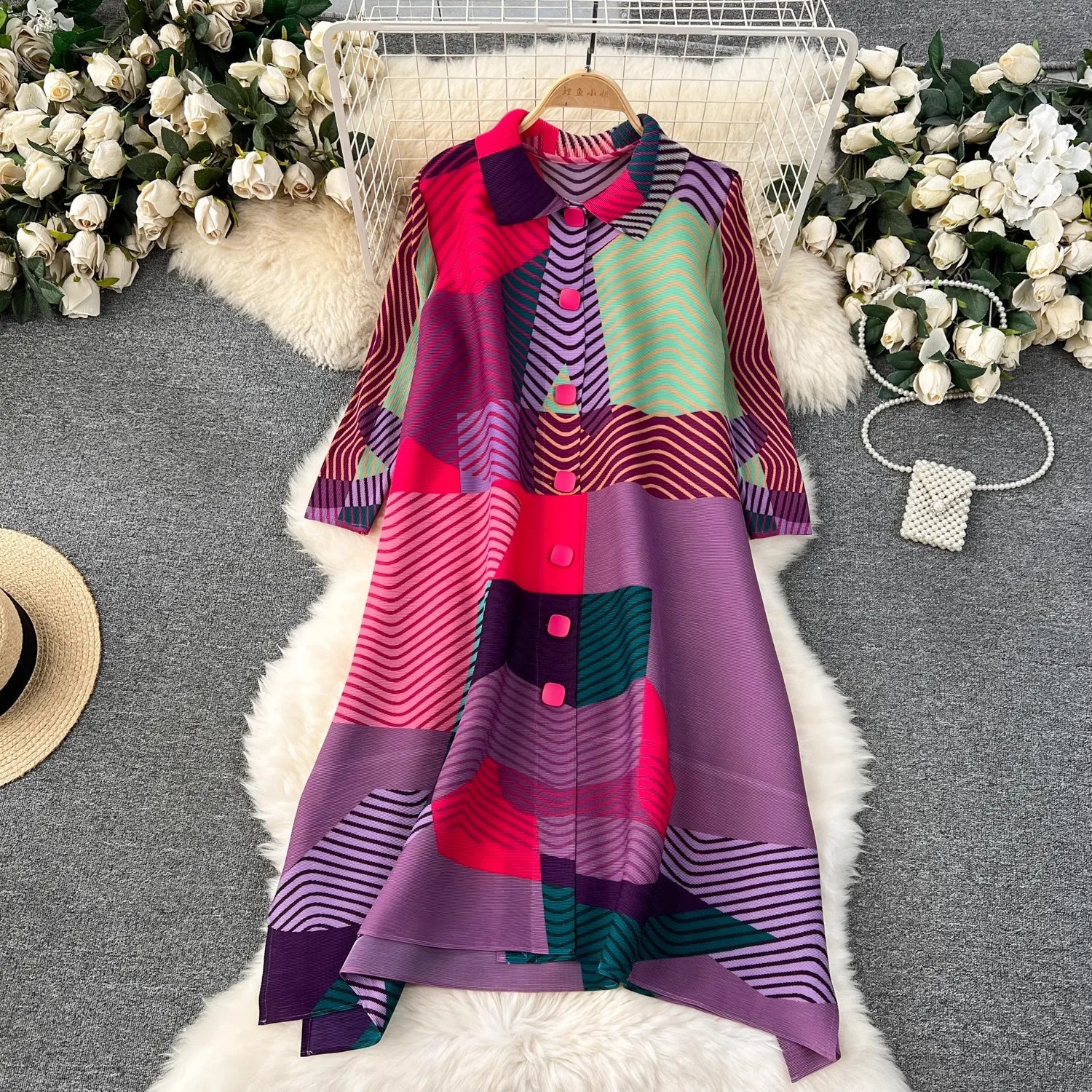 Miyake Pleated Drape Dress Women Spring Summer Colorblock Printing Lapel 34 Sleeve Single-breasted Fashion Shirt Dresses 260324