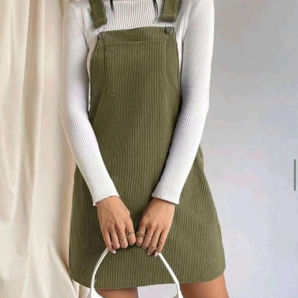 2026 New European and American Spring Corduroy Loose Sleeveless Strap Dress in Solid Color