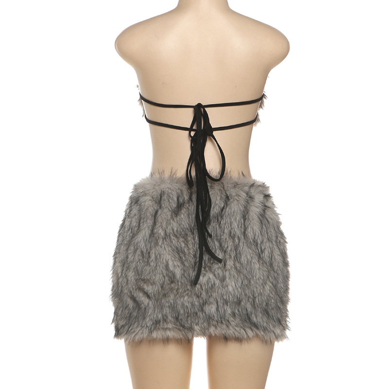 Two Piece Dress Women's Solid Plush Tie-up Stitching Low Waist Hip-hugging Dress Set