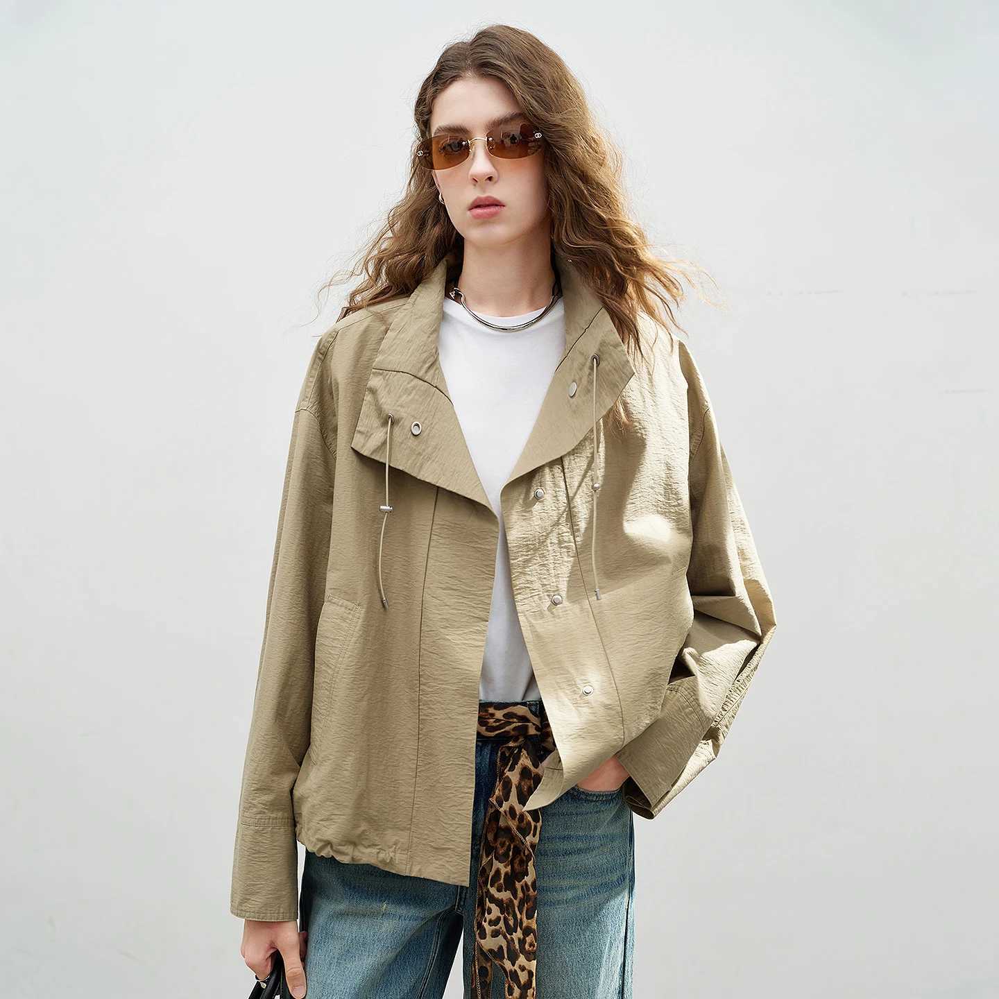 TOYOUTH Womens Wrinkle-Texture Jacket 2026 Spring New Stand-Up Collar Stiff Loose Casual Utility Style CoatT260328
