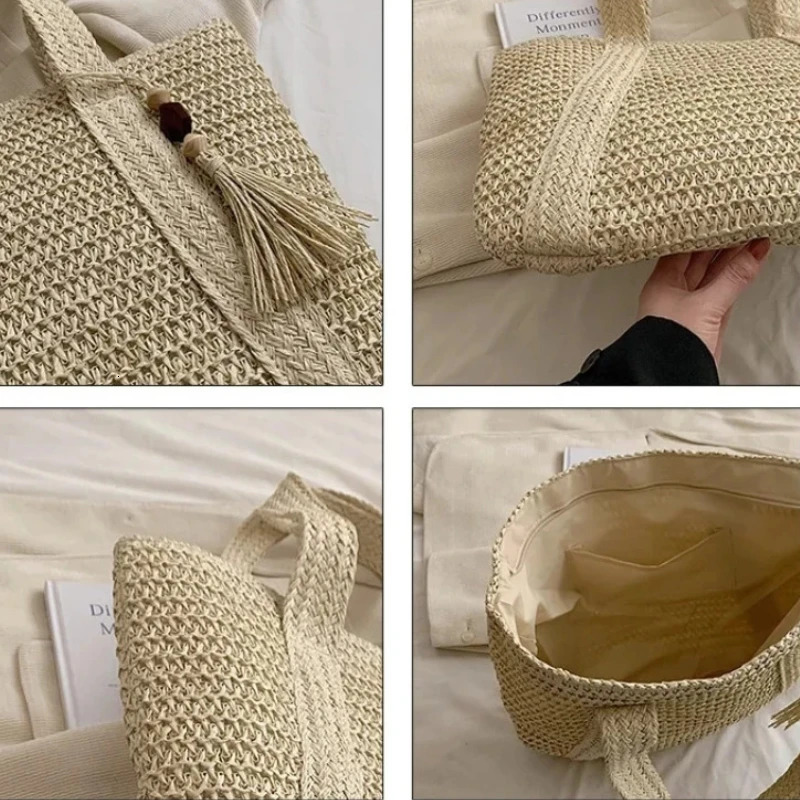Fashion Large Capacity Fringe Pendant Handmade Straw Handbag Women Holiday Beach Casual Tote Top-Handle Bags Retro Shoulder Bags260316