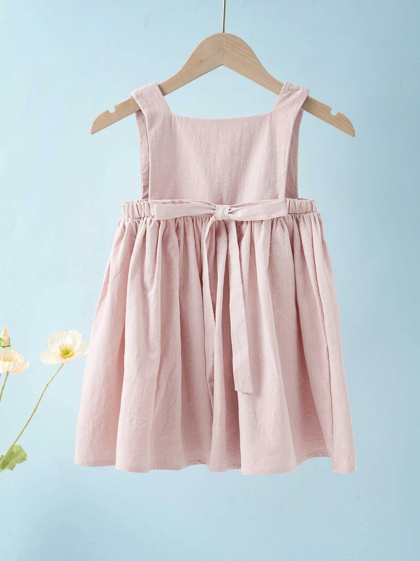 Summer kids clothes solid color suspender girl frocks linen cotton sleeveless summer dressT260330