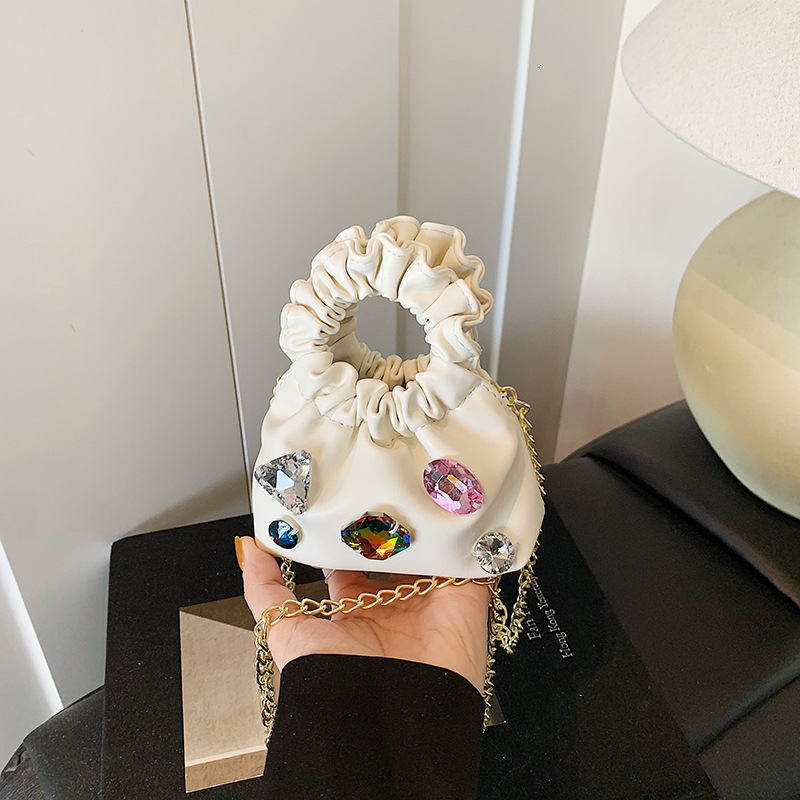 Free Shipping High Value Mini Drawstring Bag for Women Gemstone Embellished Ruched Handbag with Chain Strap