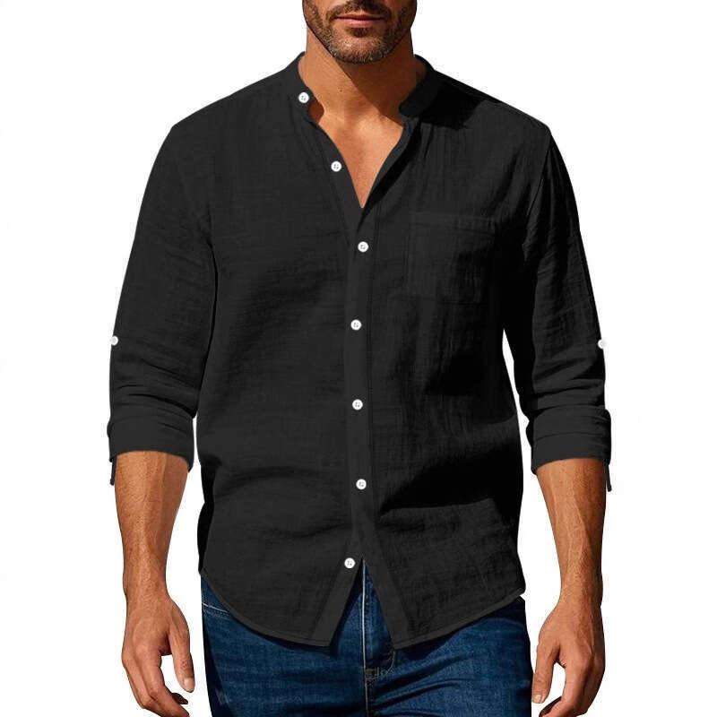 Amazon cross-border spring and autumn long-sleeve stand-collar breathable casual men's new Chinese-style pocket shirt
