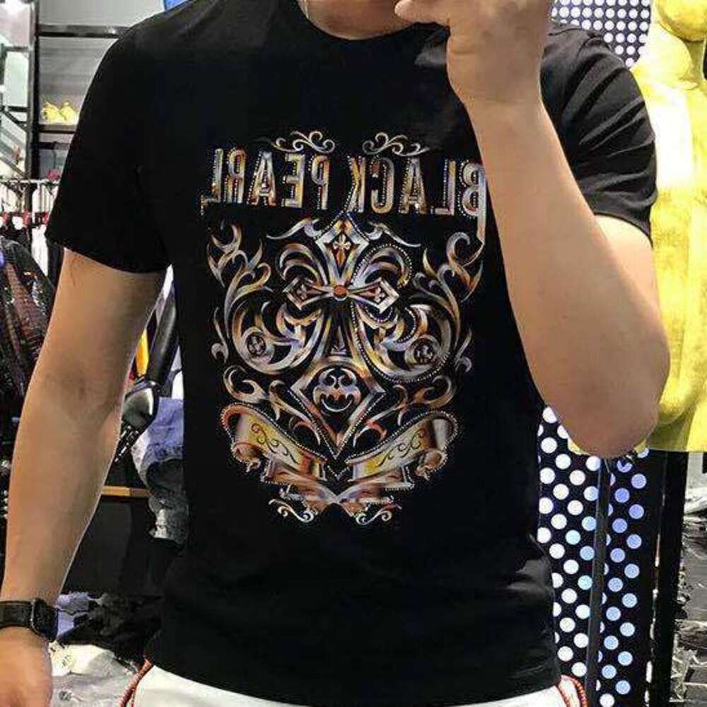 European Station Summer Mercerized Cotton Short T-Shirt Men's Totem Trendy Rhinestone Embroidery Half Sleeve Top Plus Size Ins