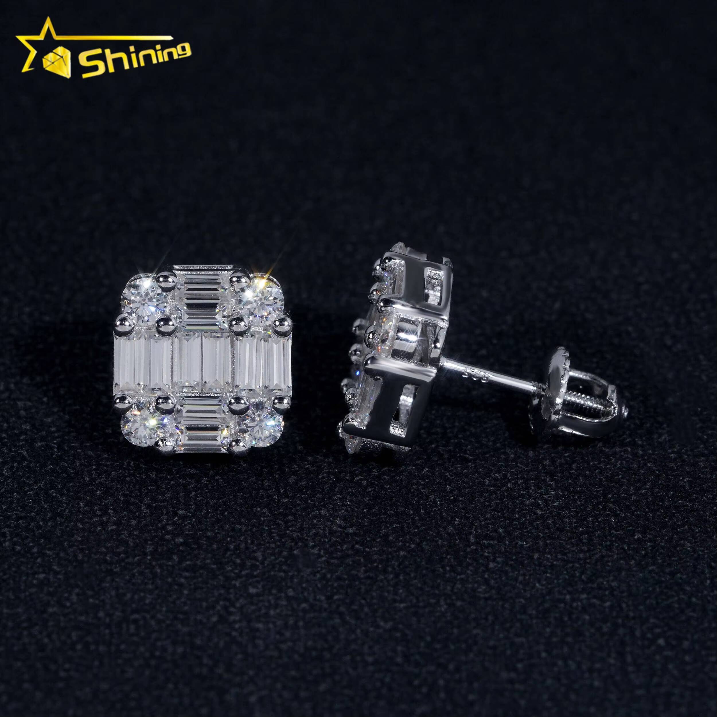 New Arrival Hip Hop Design Baguette Diamond VVS Iced Out Moissanite Stud Earrings for Men