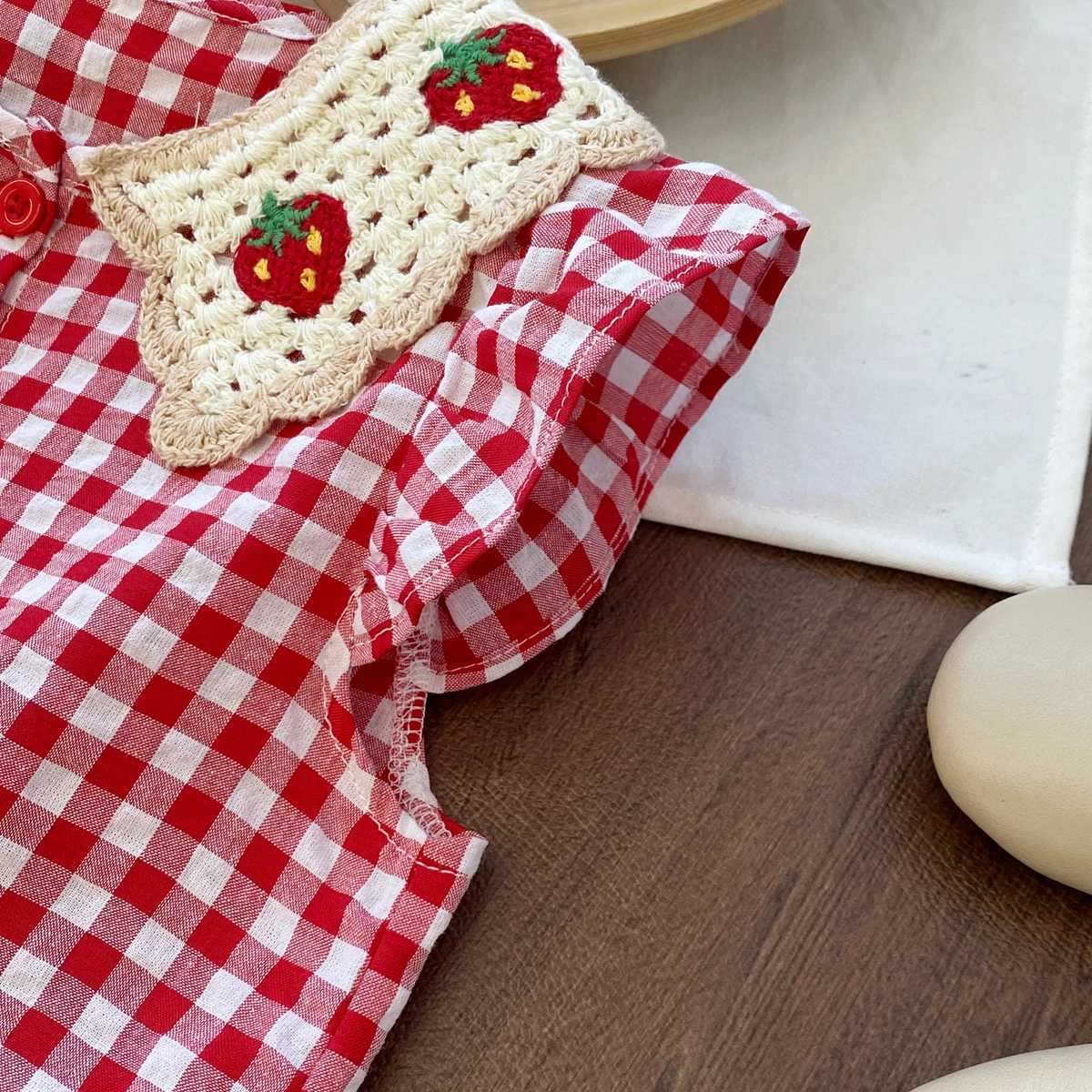 Humor Bear Girl Casual Dress 2026 New Fashion Strawberry Crochet Collar Plaid Flying Sleeve Dress Cute Outfits Girls VestidosT260330