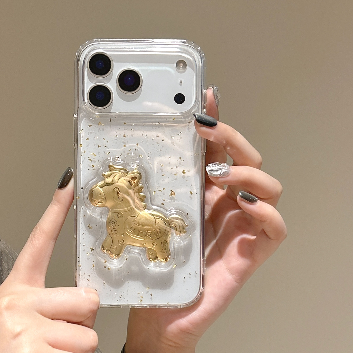 3D Epoxy Gold Foil Lucky Horse Transparent Shockproof Case for iPhone