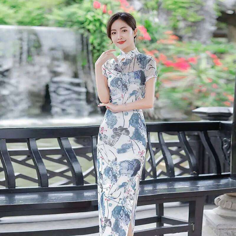 Women New Plus Size Summer Long Cheongsam Lined Vintage Evening Dress Slim Elegant Wedding Show Costumes Qipao M To 5Xl MAKOUFEI