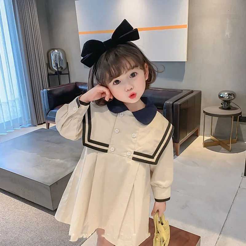 Spring Summer Girls Dress British Style Navy Collar Little Cute Long-Sleeved Student School Dress Baby Kids ChildrenS ClothingT260330