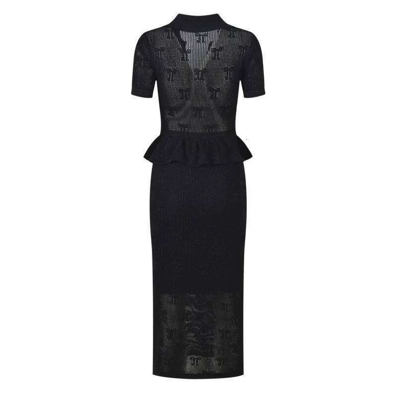 Knitted Hollow Out Midi Dress Viscose Nylon Boho Beach Calf Length Straight Hem Summer Ruffled Trim Mdng260330