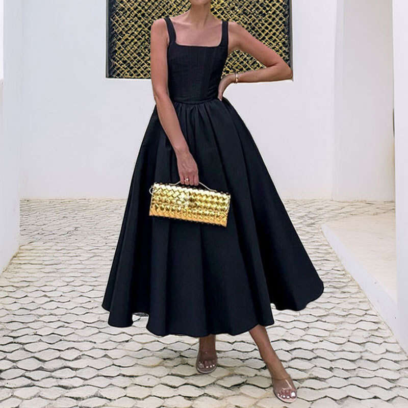 2026 Spring New Collection: Cross-Border European American Foreign Trade Women's Clothing - Elegant and Slim-Fit Square-Neck Patchwork A-Line Dre