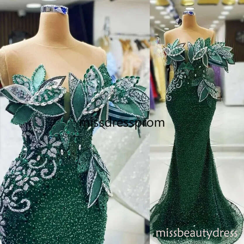 Glitter Green Mermaid Prom Dresses for Black Girls 2026 Special Occasions Sheer Neck Sequined Lace Pearls Decorated Rhinestones Beaded Evening Gala Go