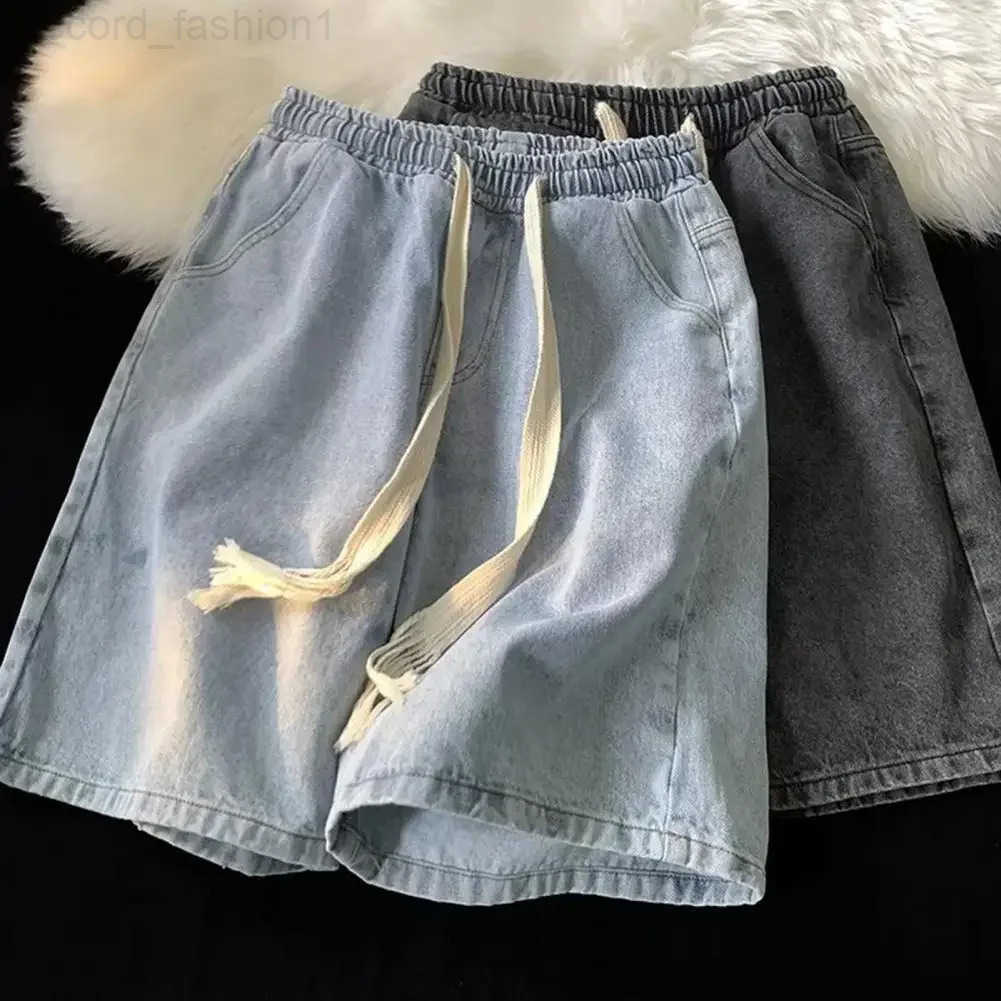 Men Wide-leg Denim Shorts Mens Quick-drying Denim Beach Shorts With Elastic Drawstring Waistband Pockets Summer Wide Leg Shorts H260330