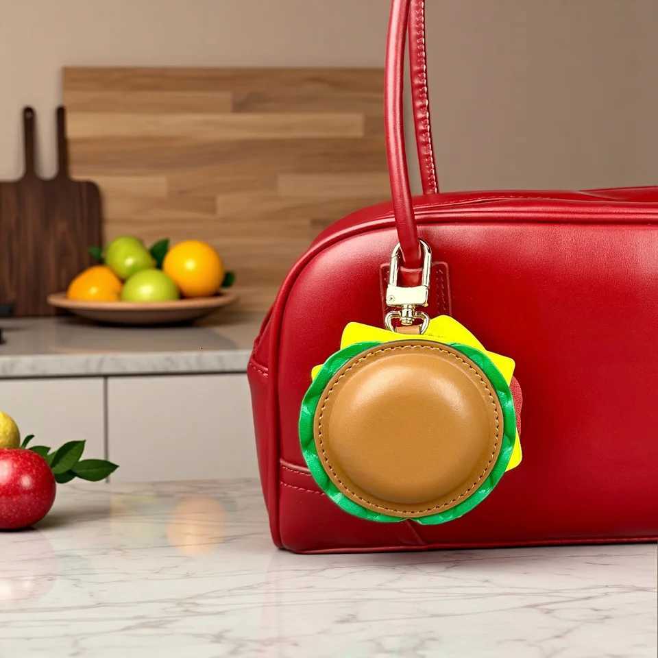 Hamburger Real Leather Coin Purse Earphone Case - Handmade Premium Leather Keychain with Metal Clip for Bag Charm-Ideal Gift Z260330