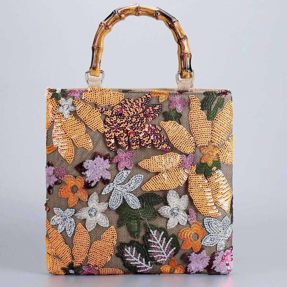 Chinese Embroidery Bamboo Handle Embroidery Shopping Bag Retro Ladies Lace Weaving Tote Colorful Sequins Cotton Linen Woven Handbag With Inner Bags Cl