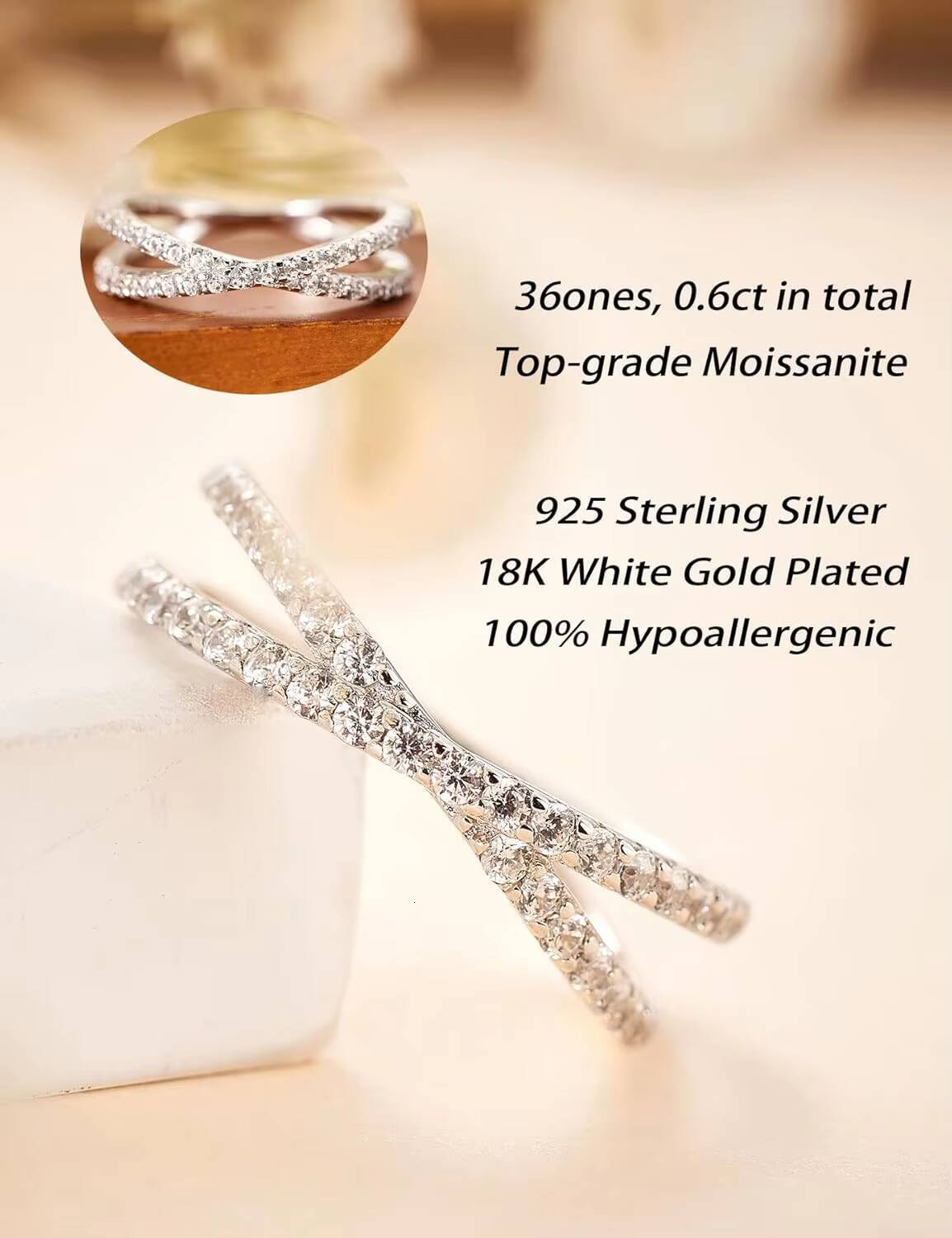 Moissanite Eternity Ring Criss Cross White Gold Plated Wedding Bands for Women-Sterling Silver Stackable Rings Size 4-11