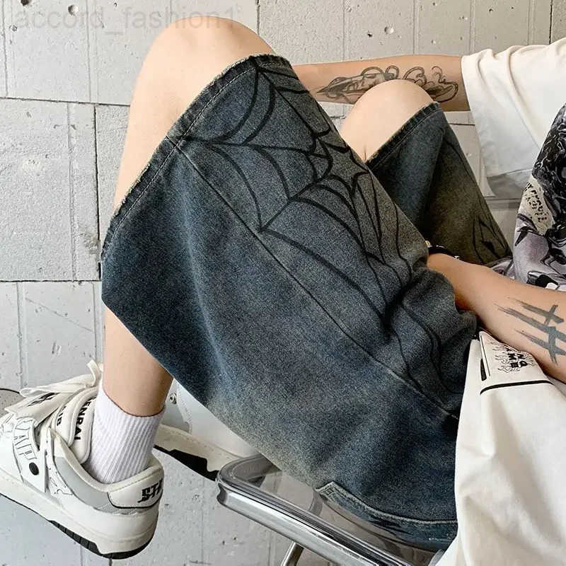 Korean Harajuku Spider Cobweb Print Denim Short for Men Y2k Retro Wash Hip Hop Punk Grunge Jeans Shorts Summer Women Streetwear H260330