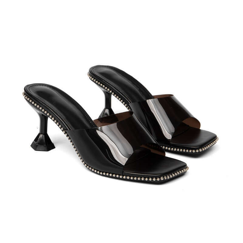 2026 Summer New Style Plus Size 42 Thin High Heel Slippers Classic Black Fashion Square Toe Design Shoe Casual Women's Shoes