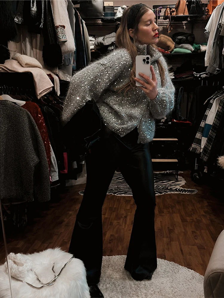Party Sequin Knit Double-zip Women Cardigan Elegant Lapel Long Sleeve Glitter Female Sweater 2026 Spring Autumn Lady Outwear 260327