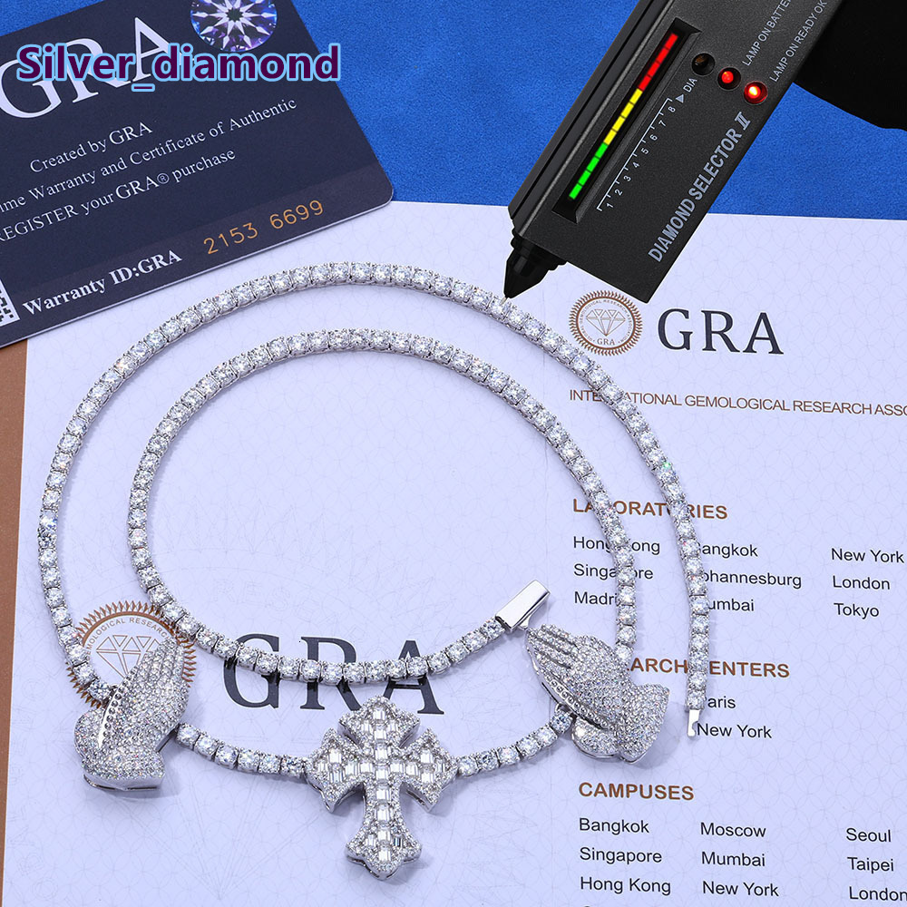 European American Vintage S925 Silver Moissanite Cross Praying Hands Tennis Chain Custom Hip Hop Mens Necklace
