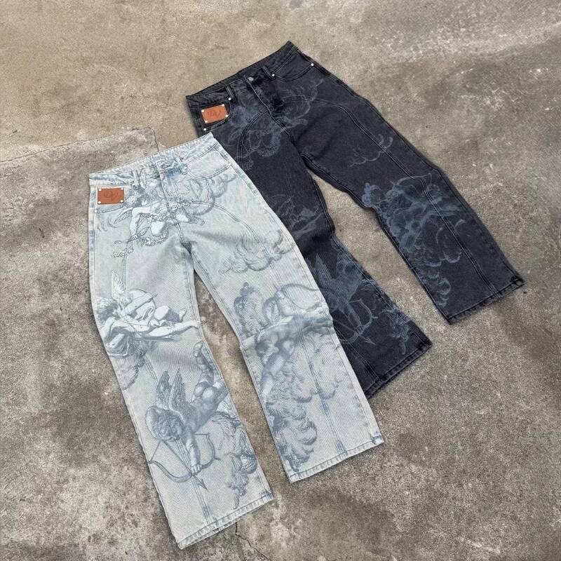Vintage Washed Angel Print Baggy Jeans Men Y2K Streetwear Wide Leg Denim Pants Retro Cupid Graphic High Waist Loose Fit Trousers