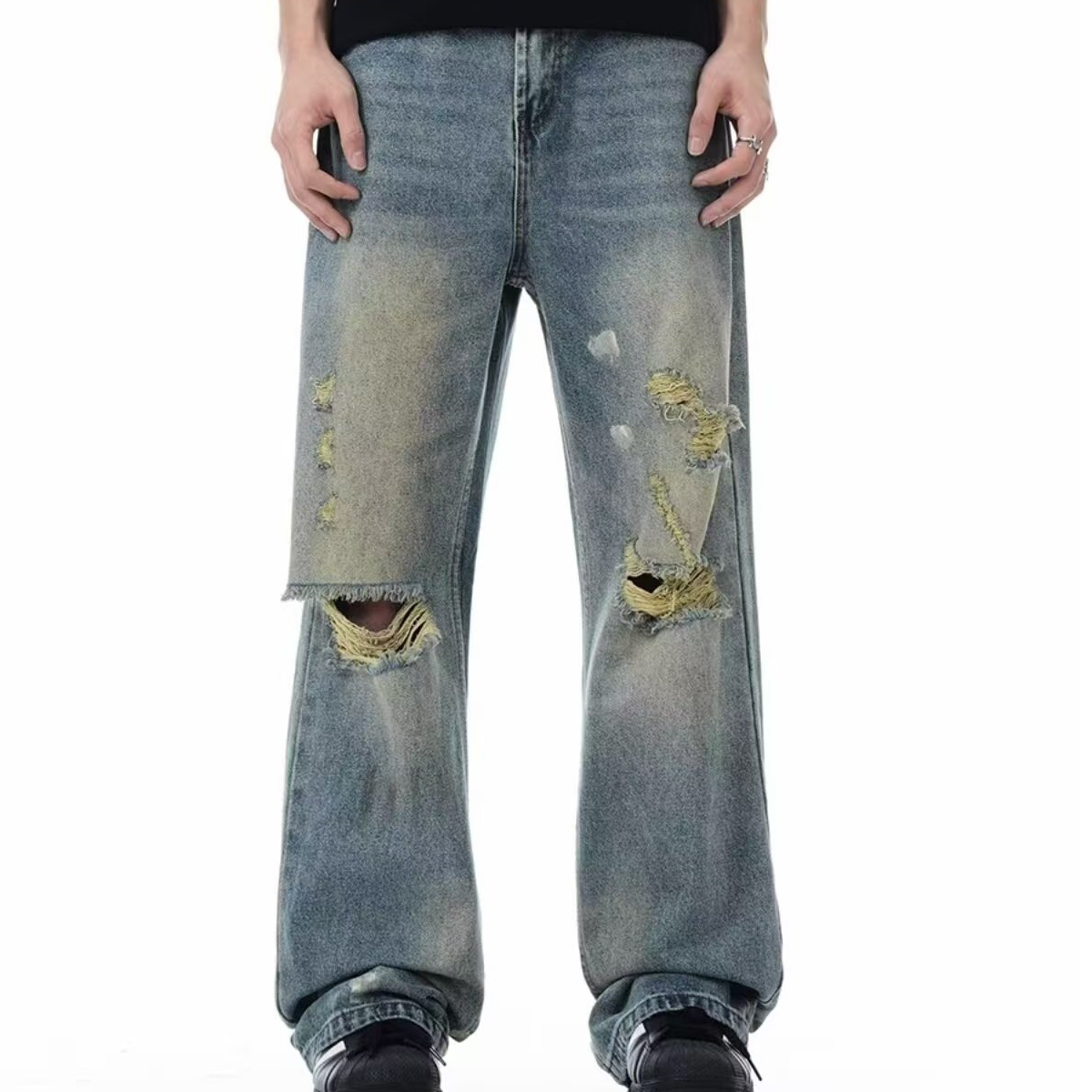 Men's Contemporary Streetwear Jeans Featuring Bold Lettering Modern & Durable Fit-K7035