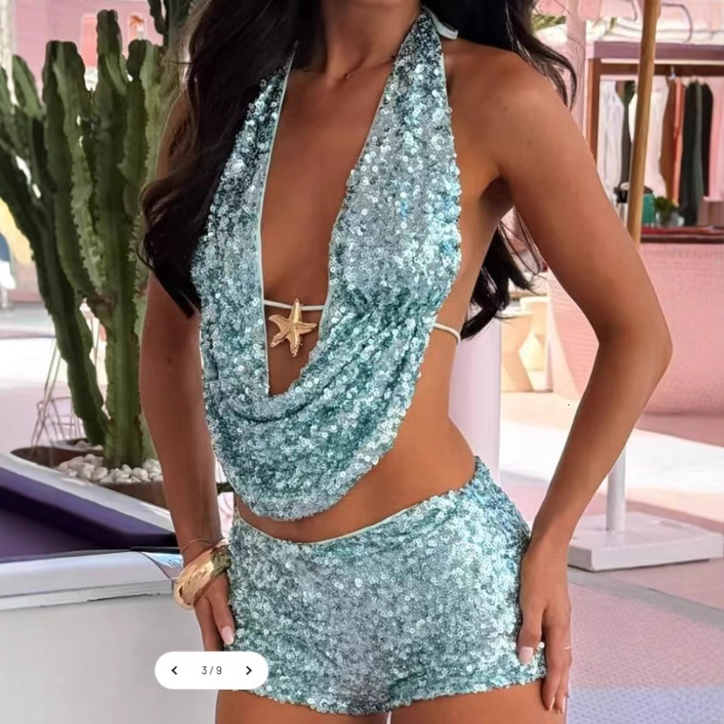 2025 New Halter Neck Top Slim Fit Elegant Slimming Beach Vacation Style Short Skirt Shorts Set
