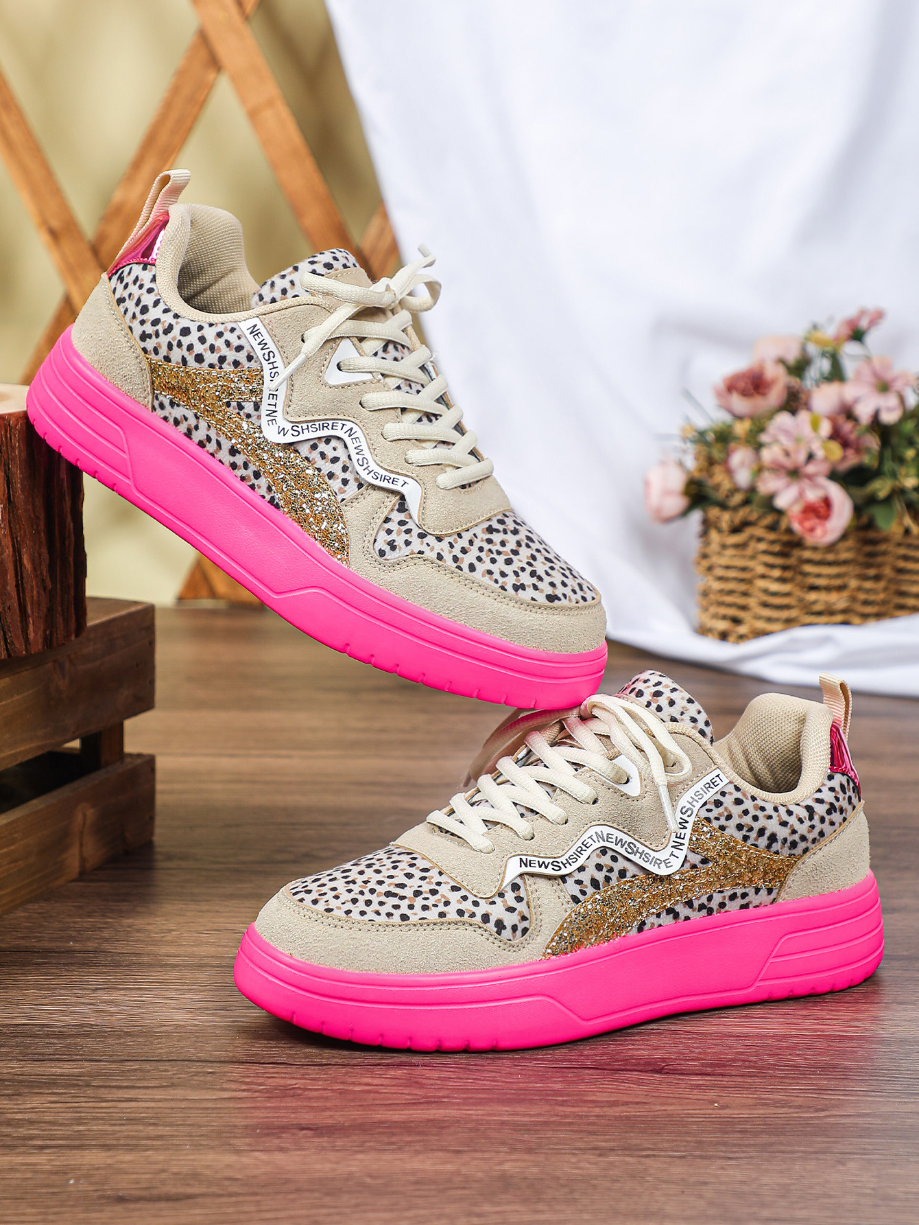 Kids Teen Girls Women Leopard Glitter Platform Sneakers Neon Pink Sole Casual Fashion Walking Shoes Breathable Comfort Students Street Style Club Wear