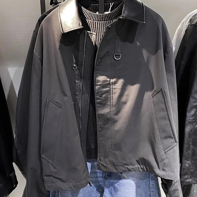 Spring Autumn Mens Patchwork Leather Collar Loose Long Sleeved Jacket Technology Fabric Coat 260327