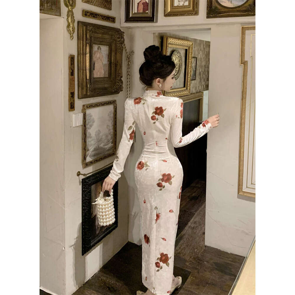 New Elegant Velvet Print Contrast Color Slim Waist Bodycon Skirt Chinese Style Modified Cheongsam Dress Qipao Hanfu Silk