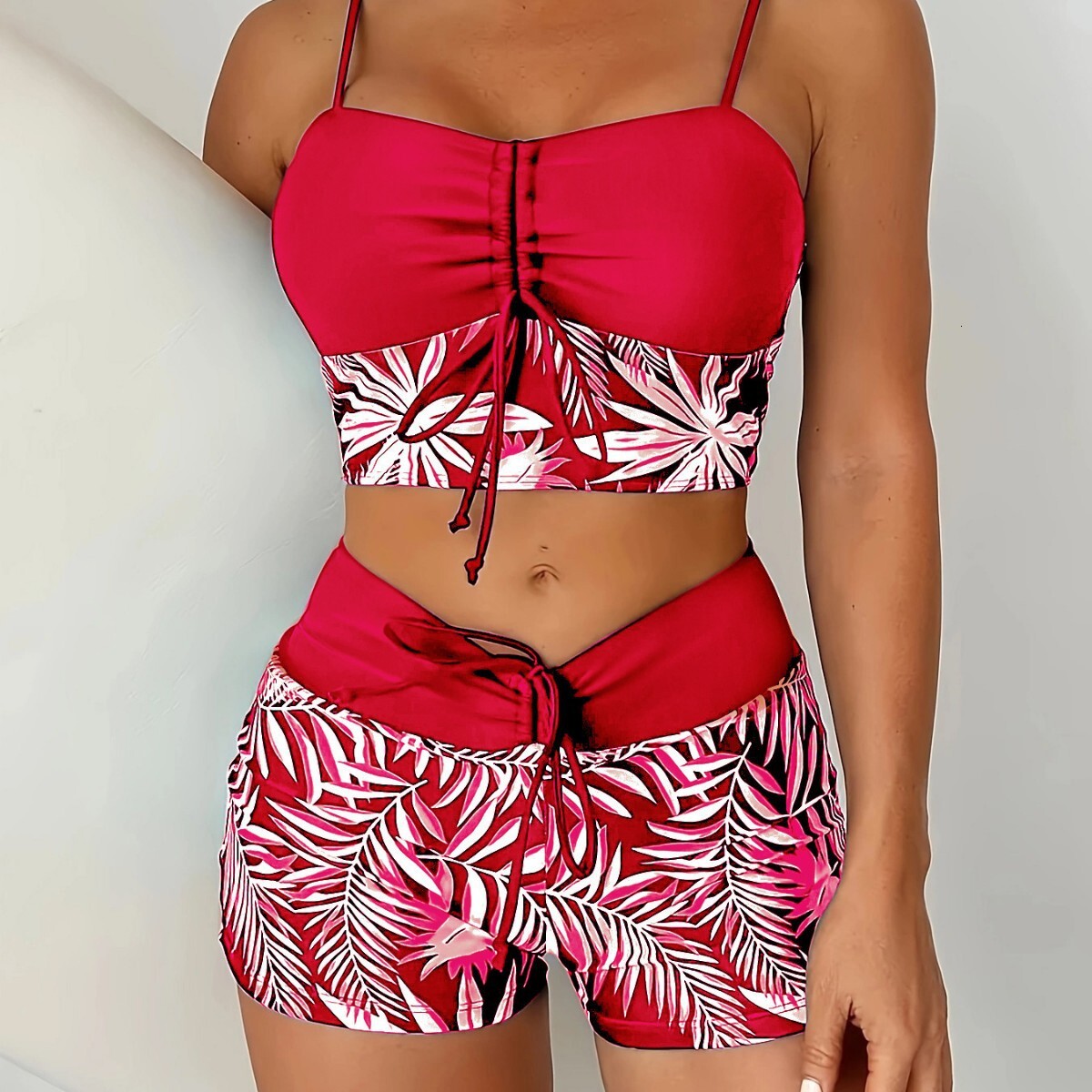 Free Shipping High Value 2026 European American foreign trade women's two-piece high-waisted swimwear with tie straps, printed and solid color, p