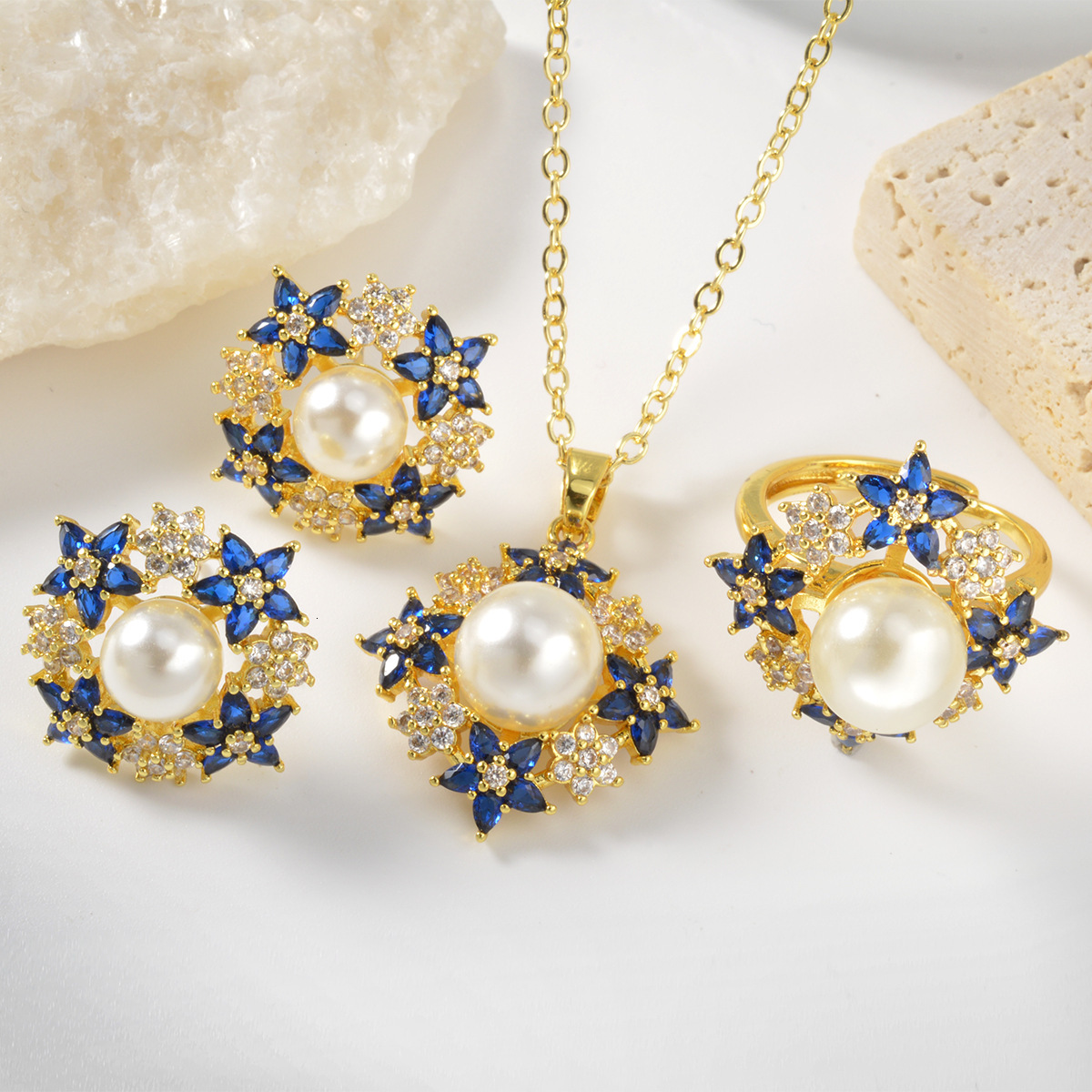 Necklace Earrings Jewelry Set Japanese Style Pearl Diamond-Studded Pendant With Butterfly And Flower Elements Necklace Earrings Ring Three-Piece Set I