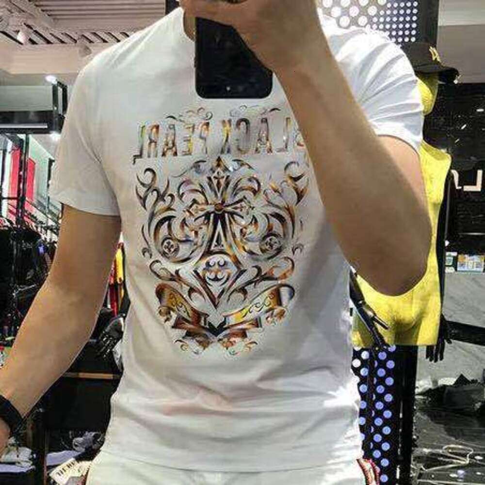 European Station Summer Mercerized Cotton Short T-Shirt Men's Totem Trendy Rhinestone Embroidery Half Sleeve Top Plus Size Ins