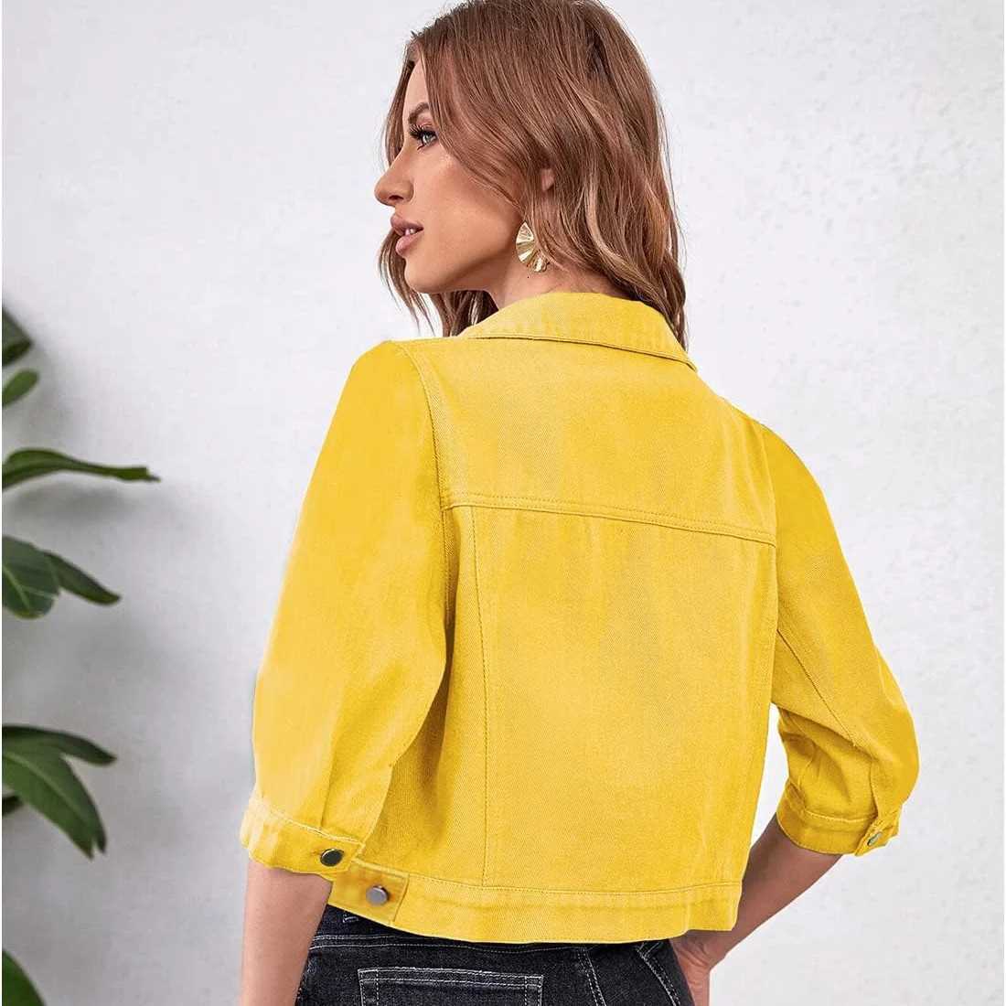 Womens Jean Jacket Cropped Denim Jackets Purple Yellow White Blue Stretchy 3/4 Puff Sleeve Distressed Shacket With PocketsT260328