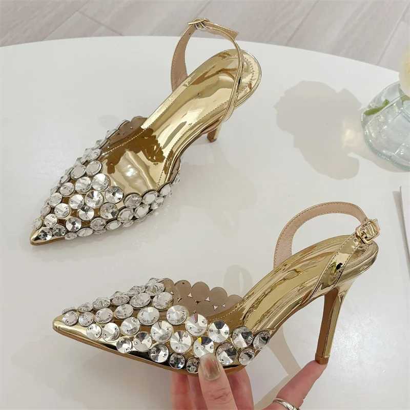 Aneikeh Fashion Stiletto Pumps Summer Silvery Rhinestone Hollow Strap High-heeled Sandals Women Wedding Banquet Shoes Z260330