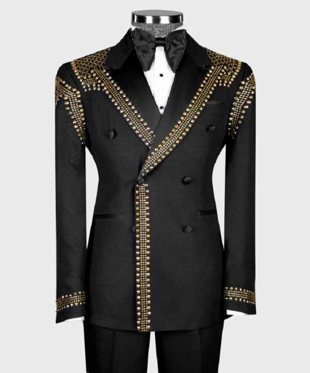 Retro Men's Jacket Beaded Groom Blazer 2 Pieces Peaked Lapel Double Breasted Tuxedo Beading Coat Customized Jacket Pants