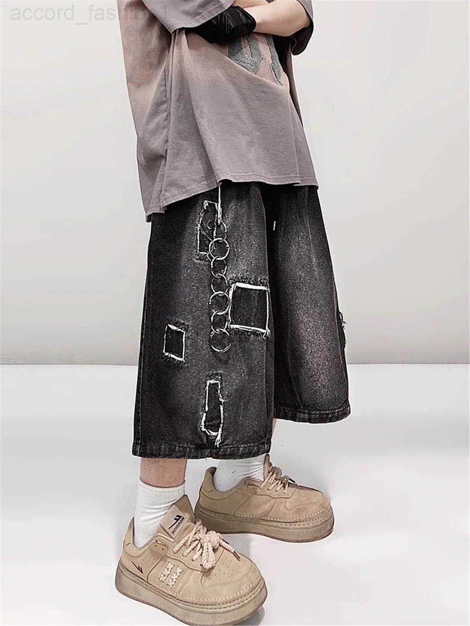 Patch Denim Shorts Mens Streetwear Hip Hop Knee Length Pants Harajuku Vintage Baggy Casual Wide-leg Jeans Short Male H260330