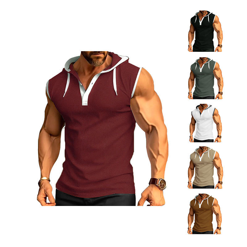 European and American cross-border Amazon 2024 summer new men's vest heavy-duty hooded sleeveless T-shirt trendy casual wear