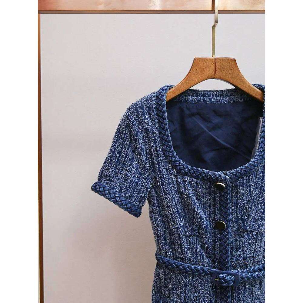 Women's Tweed Square Collar Mini Dress French Slim Fit Braided Rope Trim Ladies Short Sleeve Robe Mdng260330