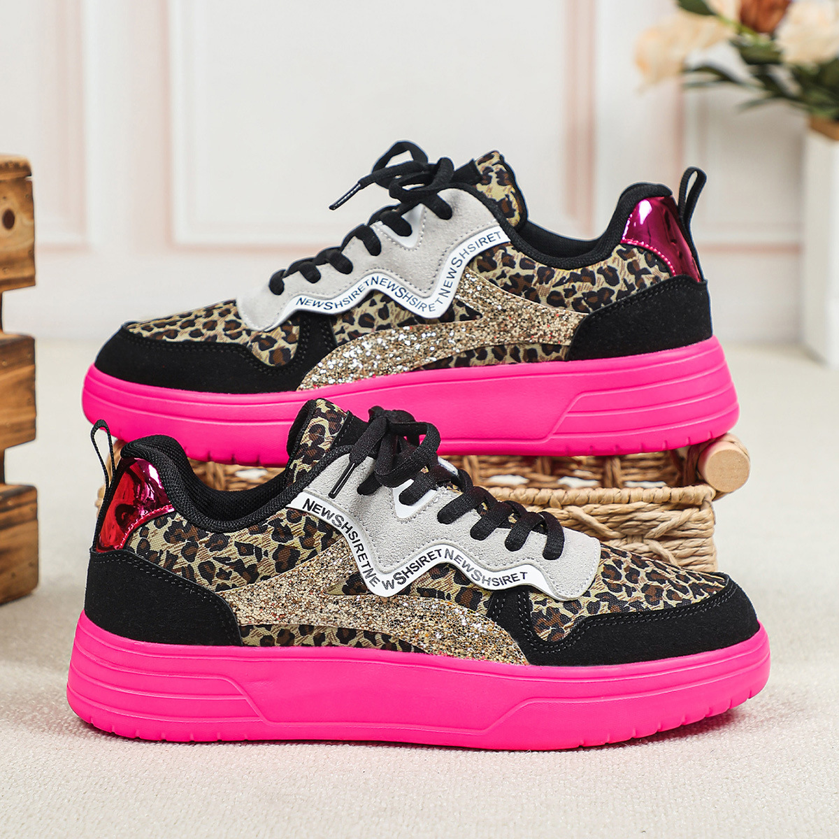 Kids Teen Girls Women Leopard Glitter Platform Sneakers Neon Pink Sole Casual Fashion Walking Shoes Breathable Comfort Students Street Style Club Wear