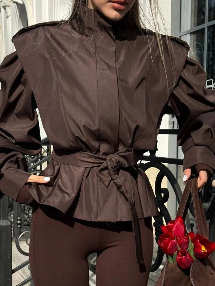 Broad Shoulder Apricot Belt Cropped Trench Coat Women Full Sleeve Zipper Button Pleated Windbreaker Jacket Lady Fall Streetwear 260327