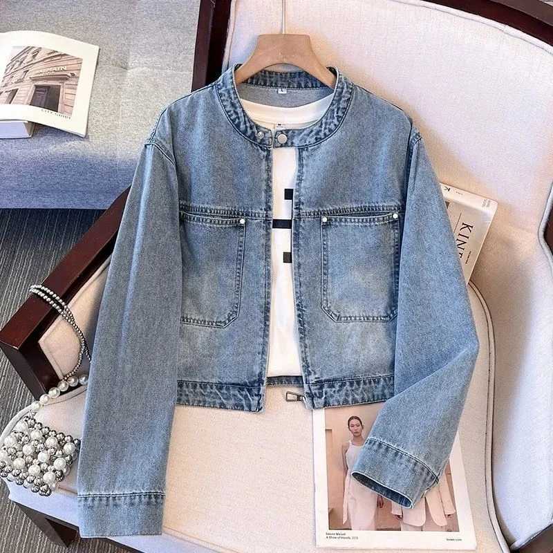 Round neck Denim Jacket For women Spring Autumn 2025 New Slim Short Cardigan Thin Jackets Female Motorcycle Zipper Outwear topT260328