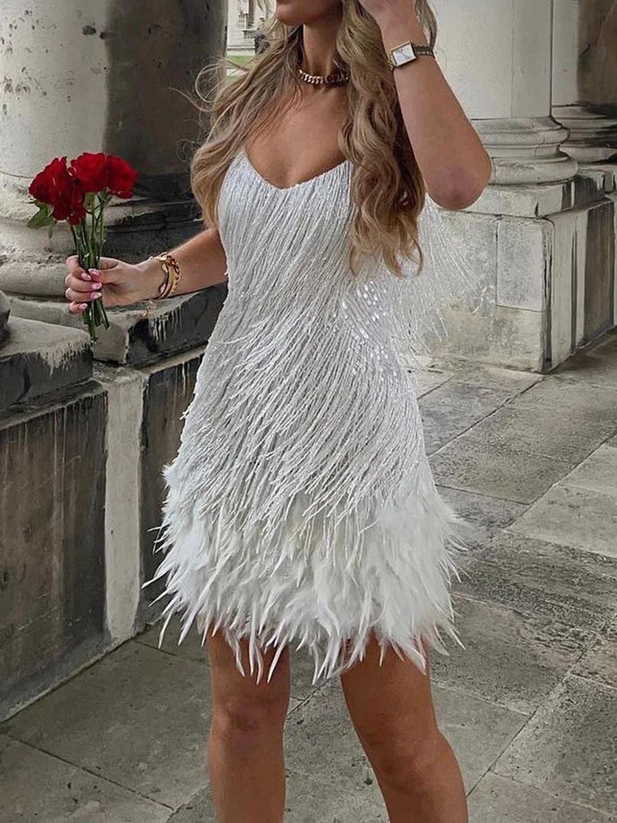 Women Sling Sequined Evening Dress Sleeveless V Neck Tassels Feather Club Party Summer Short Dress vestidos para mujer