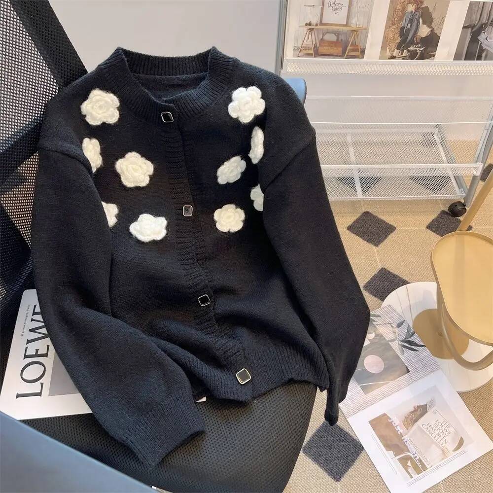 Women's Knit Cardigan Black Sweater With Flowers